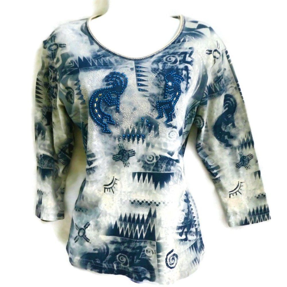 Cactus Bay USA Top Pullover Cotton Jersey Crystals Kokopelli Southwest